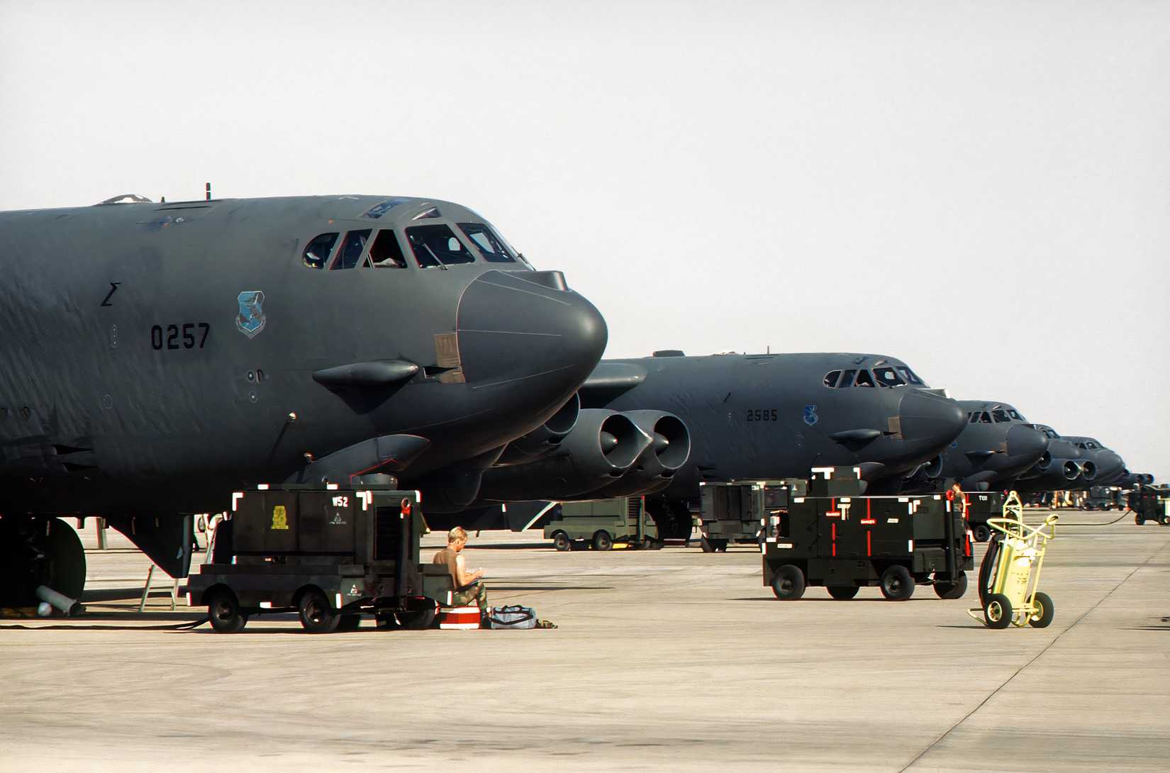 A photo showing a long line of B-52s parked a the tarmac during Operation Desert Storm.