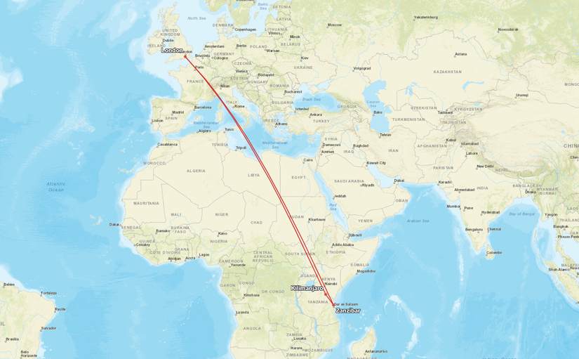 BA LGW JRO ZNZ LGW Map