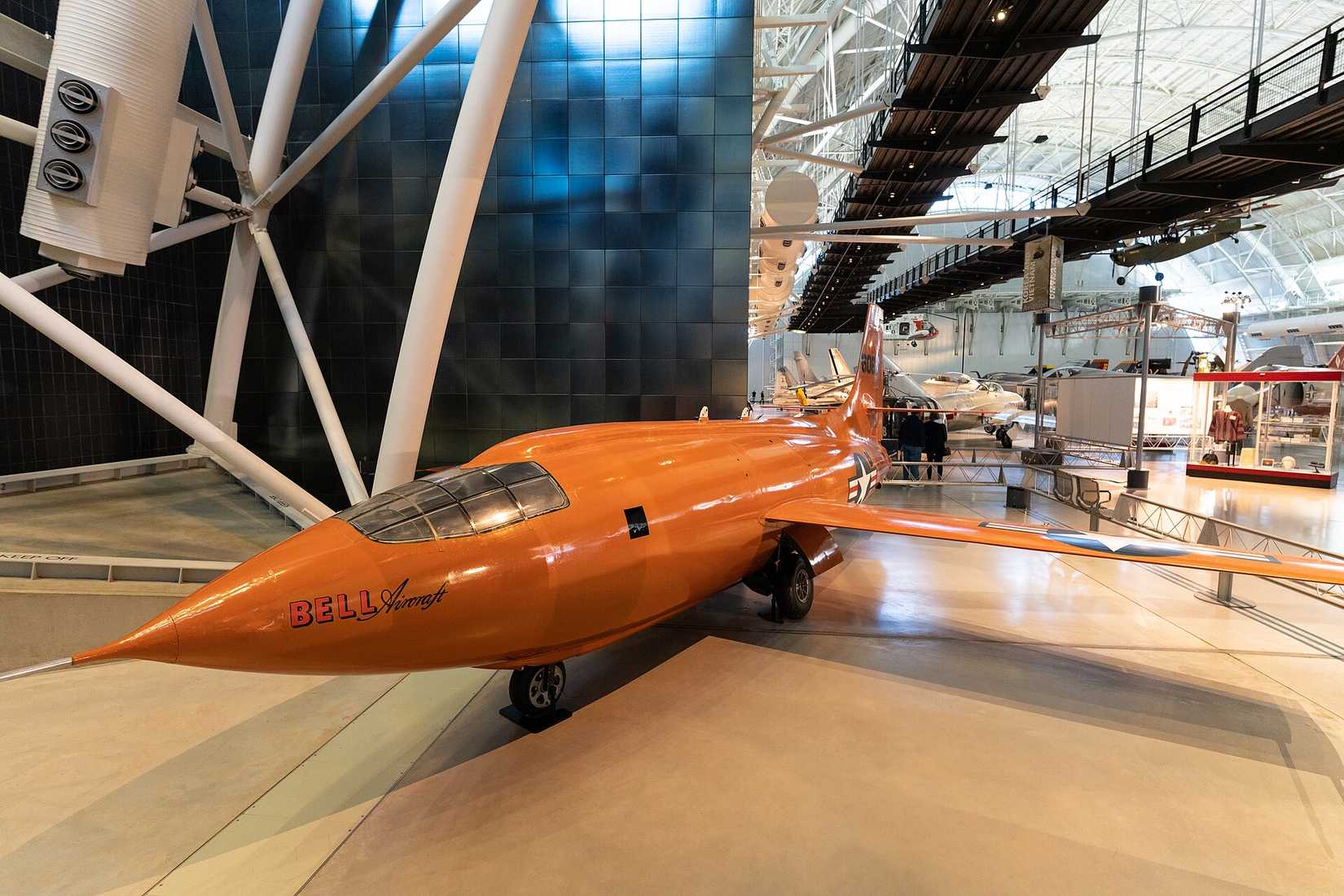 The Bell X-1 46-062 "Glamorous Glennis" pictured in January 2023 at the Steven F. Udvar-Hazy Center. The aircraft was moved from the milestones of flight gallery in the National Air & Space Museum during a rennovation.