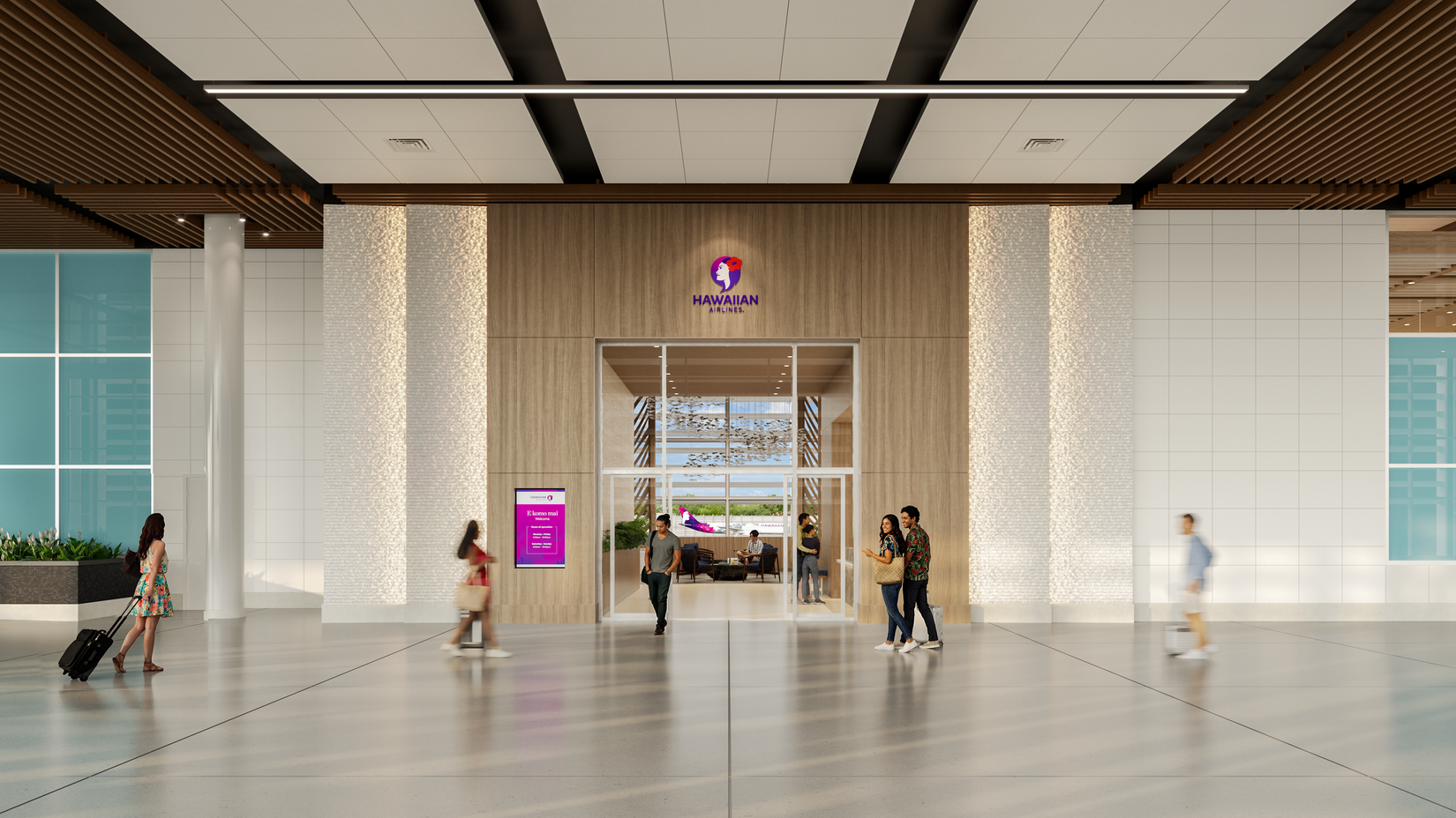 A look at the facade of the new Hawaiian Airlines lounge in Honolulu