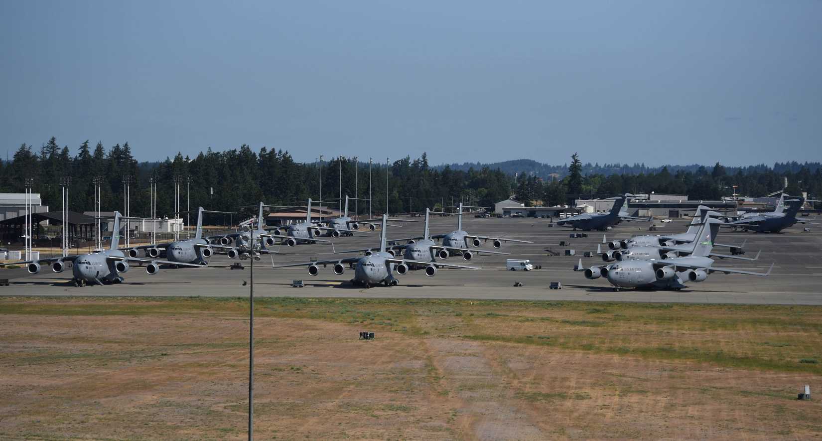 C-17 Globemaster III’s assigned to the 62d Airlift Wing sit on the flightline at Joint Base Lewis-McChord, Washington