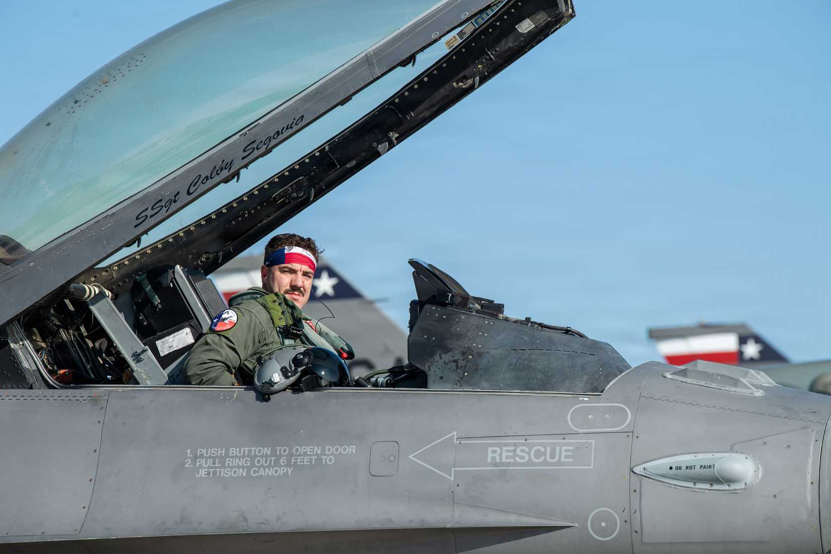 Capt. Maximilien Berry, a student pilot assigned to the 149th Fighter Wing, Air National Guard, conducts a preflight inspection of an F-16 Fighting Falcon