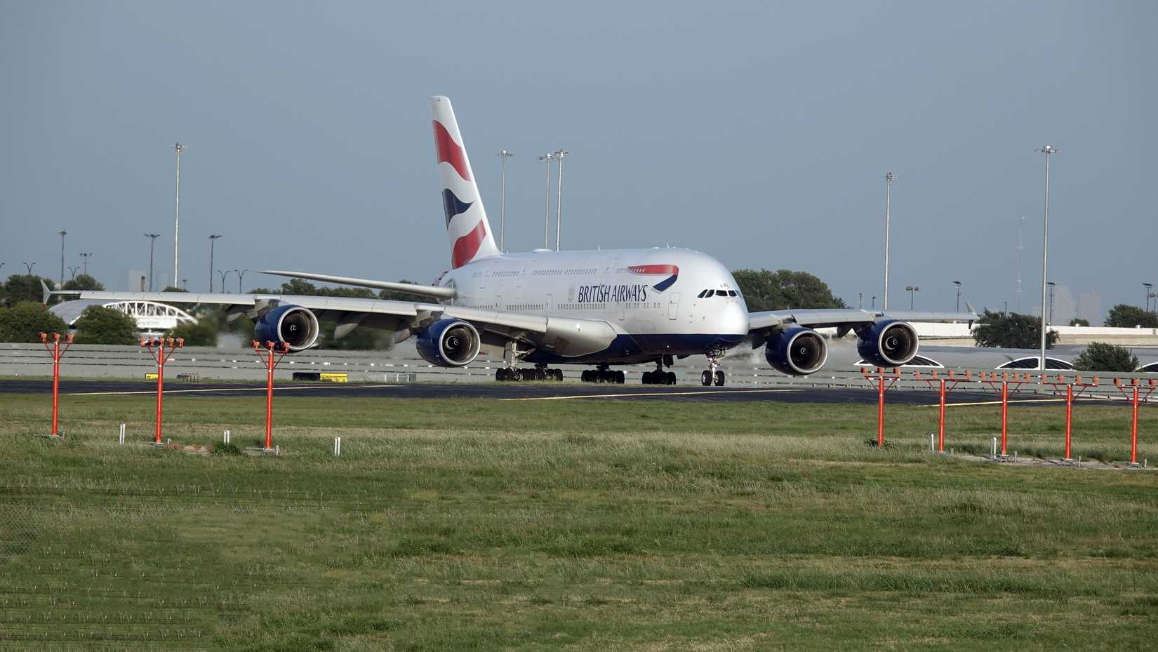 Dallas Fort Worth International Airport. British Airways A380 preparing to depart DFW for London