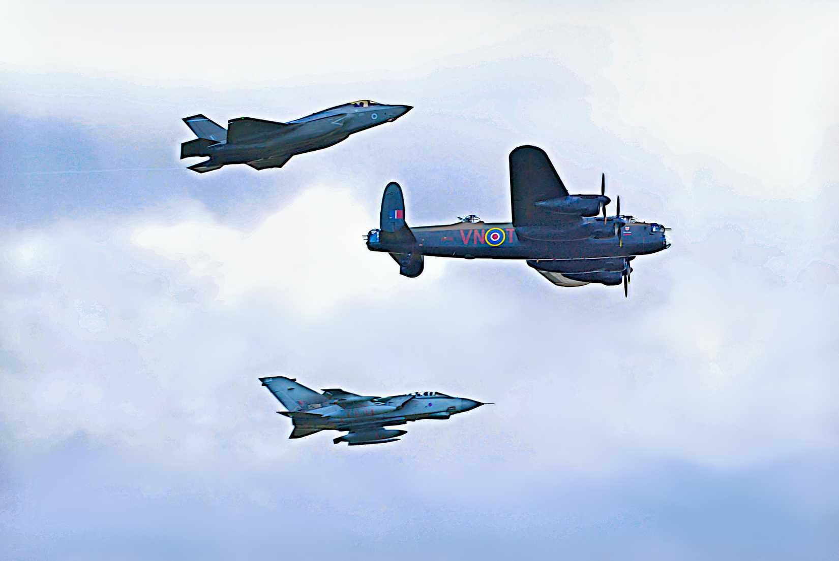Legacy formation at Duxford 2018: 617 Squadron with Avro Lancaster, Panavia Tornado and Lockheed Martin F-35