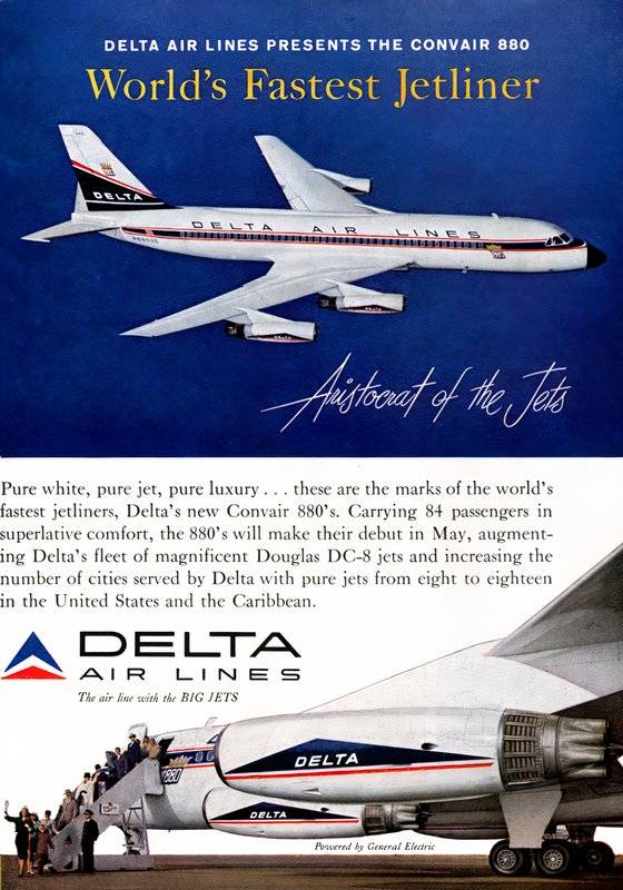 A photo of a Delta Air Lines Brochure featuring the Convair 880 or 990