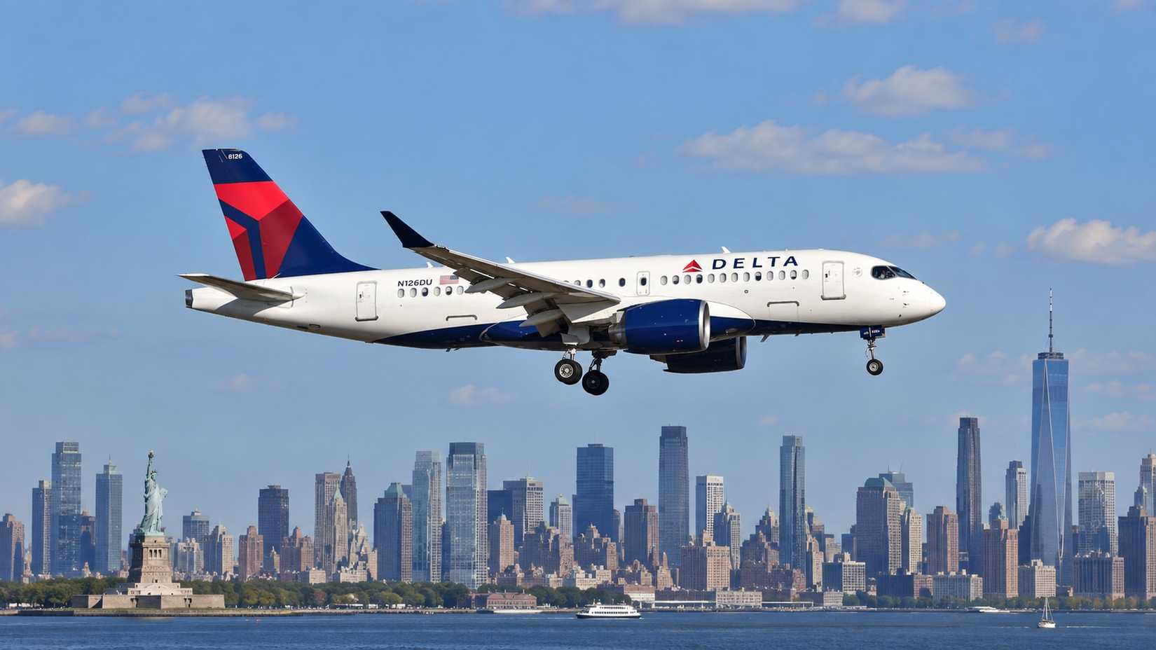 Delta Air Lines Airbus A220-100 flying over NYC