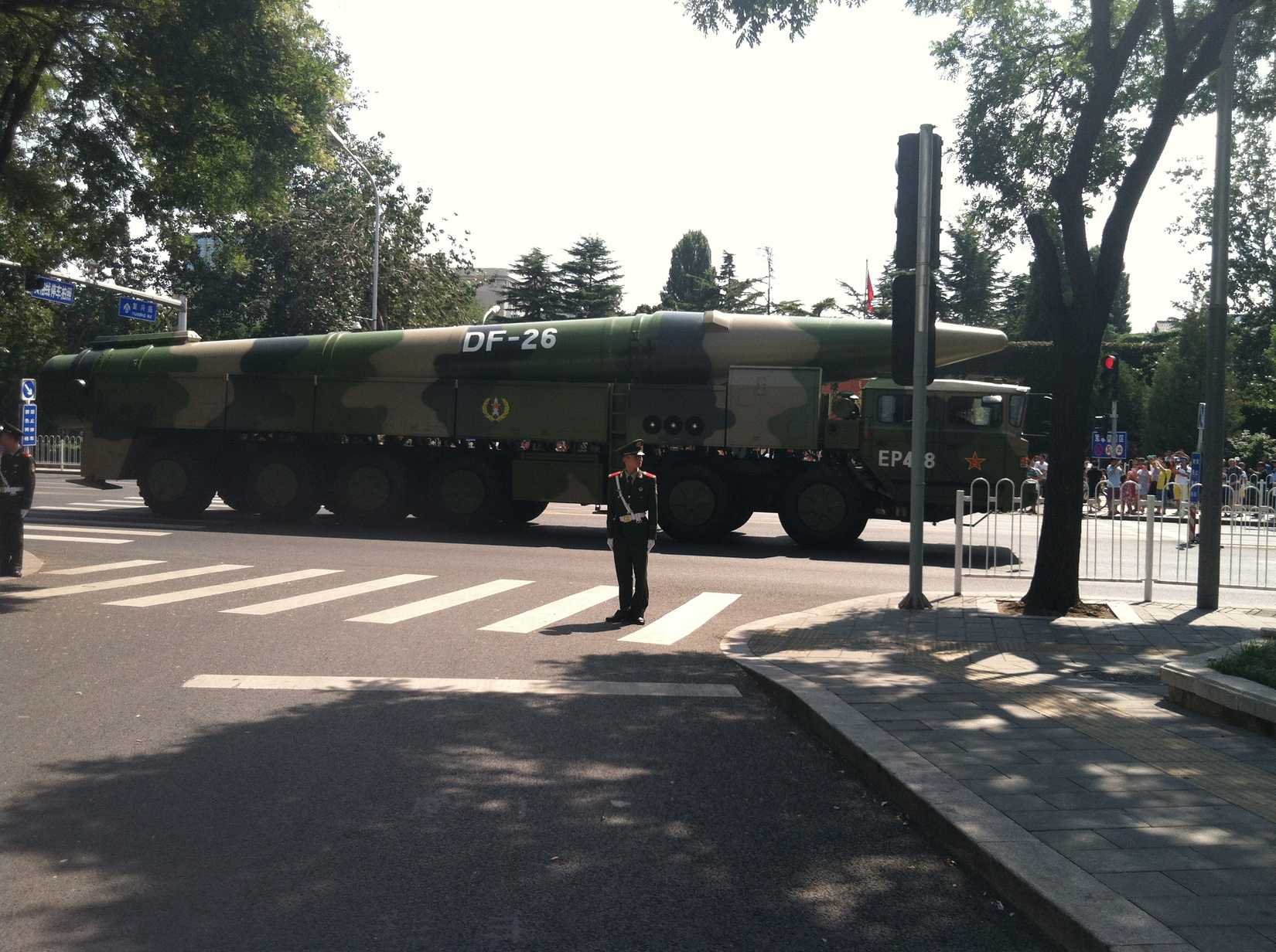 A Chinese DF-26 intermediate-range ballistic missile on a mobile launcher