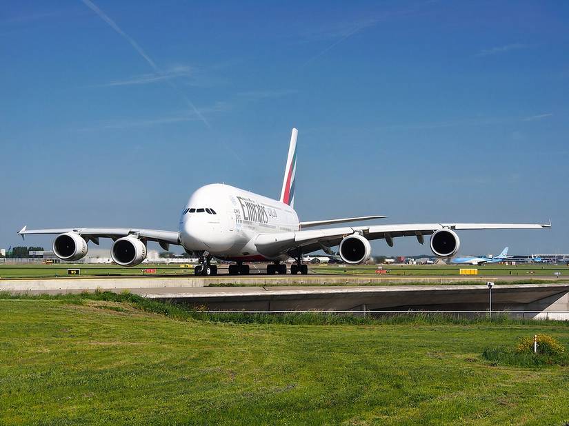 Emirates A380 taxiing at Amsterdam
