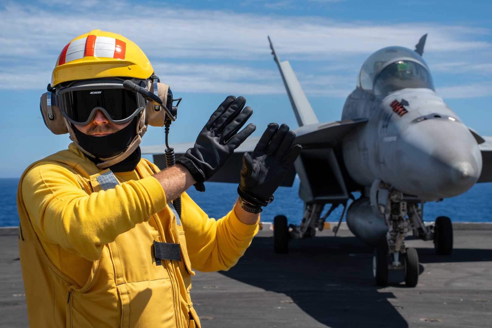 Joshua Goolsby guides an FA-18E Super Hornet