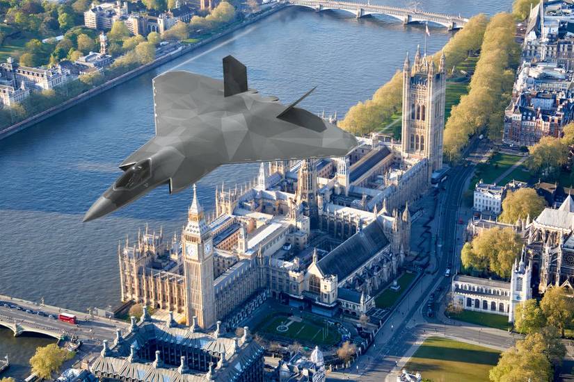 A concept image of GCAP flying over the Houses of Parliament, in London.