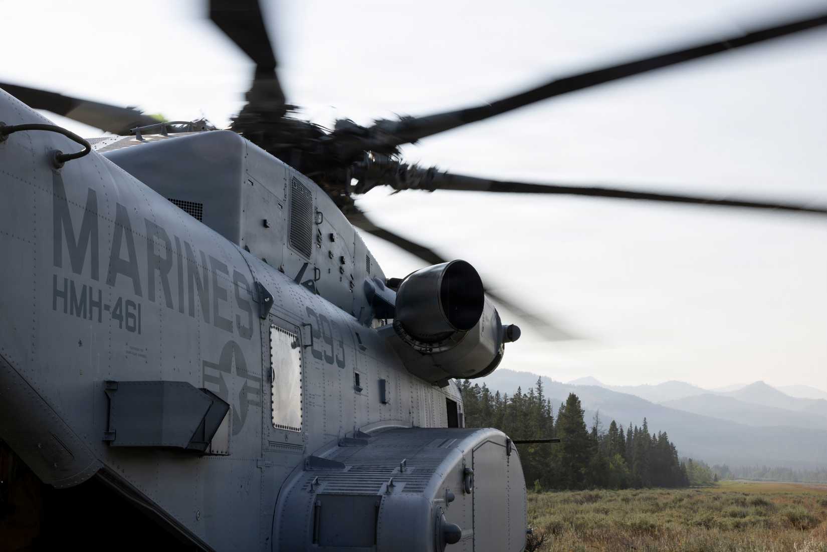 Marine Corps CH-53K King Stallion with Marine Heavy Helicopter Squadron (HMH) 461, Marine Aircraft Group 26 2nd Marine Aircraft Wing, lands near Helena, Montana