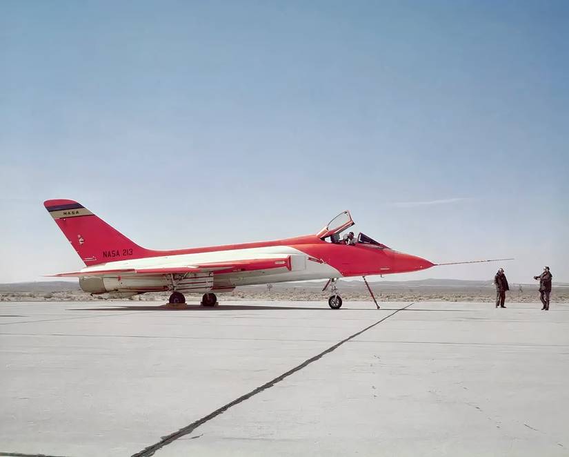 A photo of a NASA F5D Skylancer parked on the tarmac. 