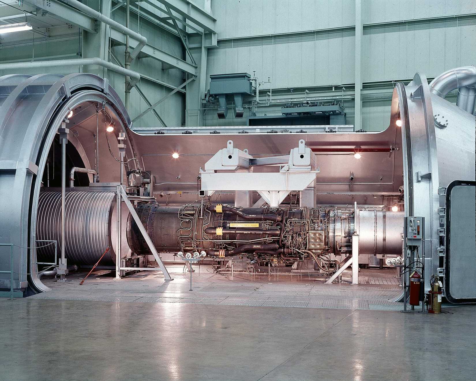 Test Cell 4 with a Pratt & Whitney J58 engine installed for testing. The J58 was a hybrid turbojet / fan-assisted ramjet that powered the SR-71 Blackbird to speeds above Mach 3.