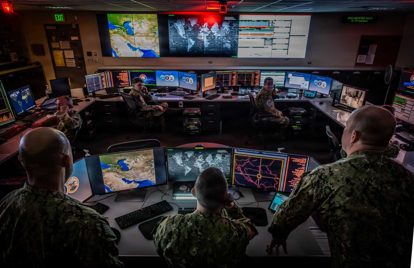 Service members monitor computer displays inside the Missile Warning Center at Cheyenne Mountain Space Force Station, Colorado Springs