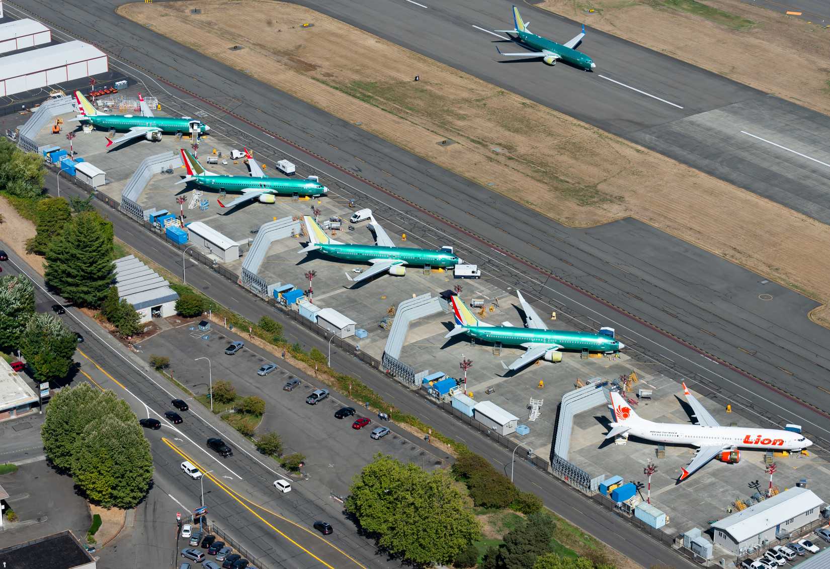 Renton, Washington / USA - September 09 2018: Multiple Boeing 737 parked in Renton Airport waiting for flight tests, painting and delivery.
