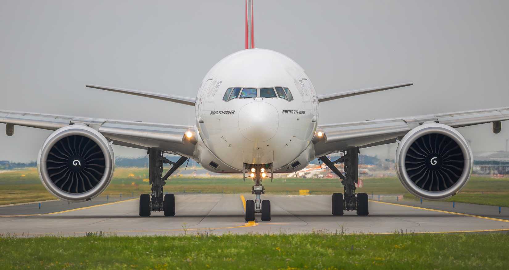 Emirates Boeing 777-300ER aircraft photographed from the front