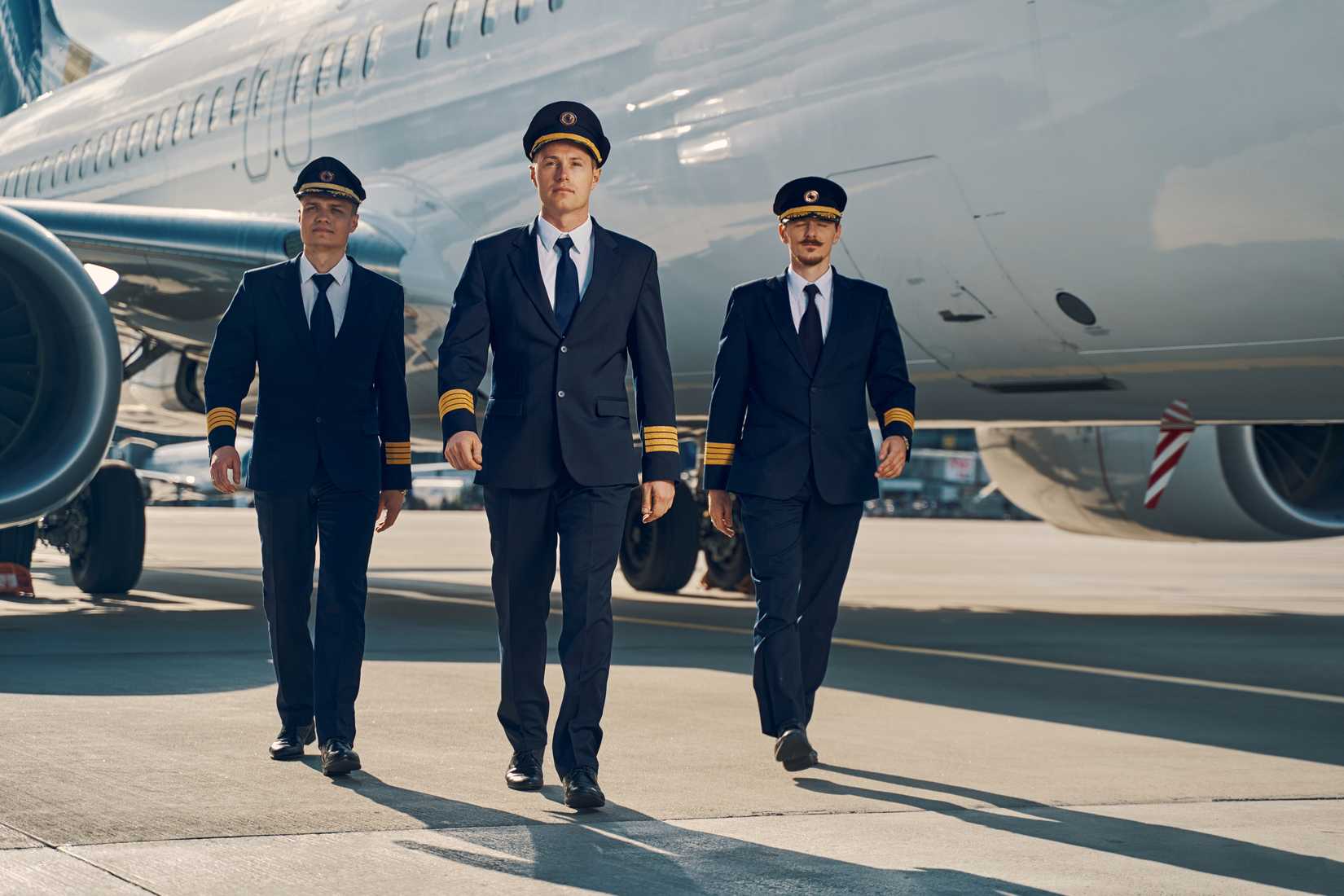 Three airline pilots walking across the aerodrome
