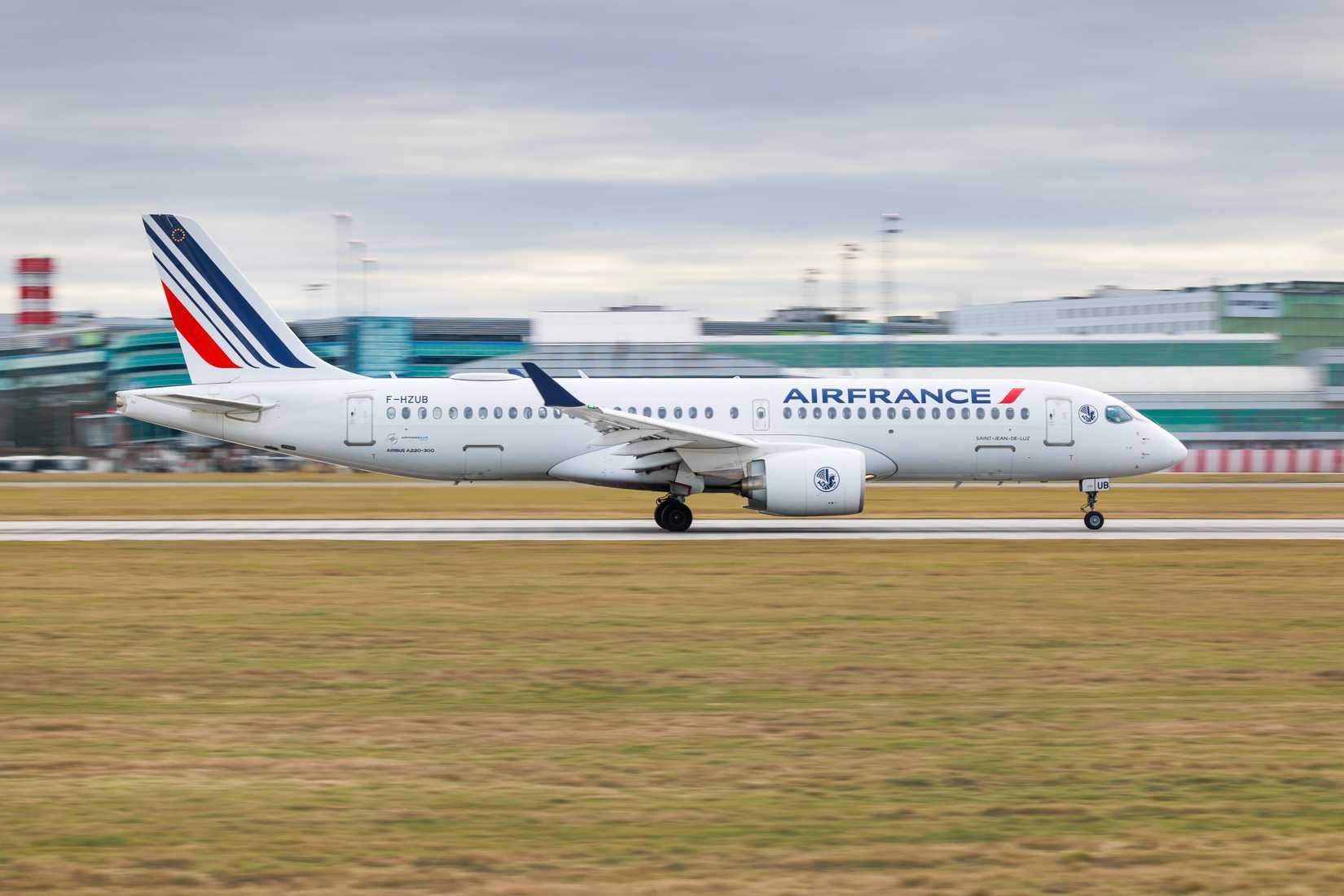 PRAGUE - December 29, 2022: AIRFRANCE Airbus A220-300 REG F-ZHUB at Vaclav Havel Airport Prague. From Prague to Paris. AIRFRANCE is the flag carrier of France headquartered in Tremblay-en-France.