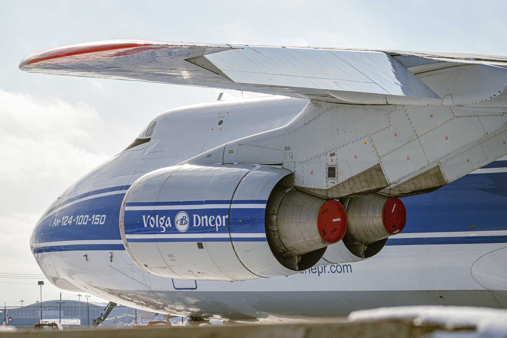 TORONTO, CANADA - February 25, 2023: An Antonov AN-124 owned by Volga-Dnepr, awaiting its fate as it remains grounded at Toronto Pearson. 