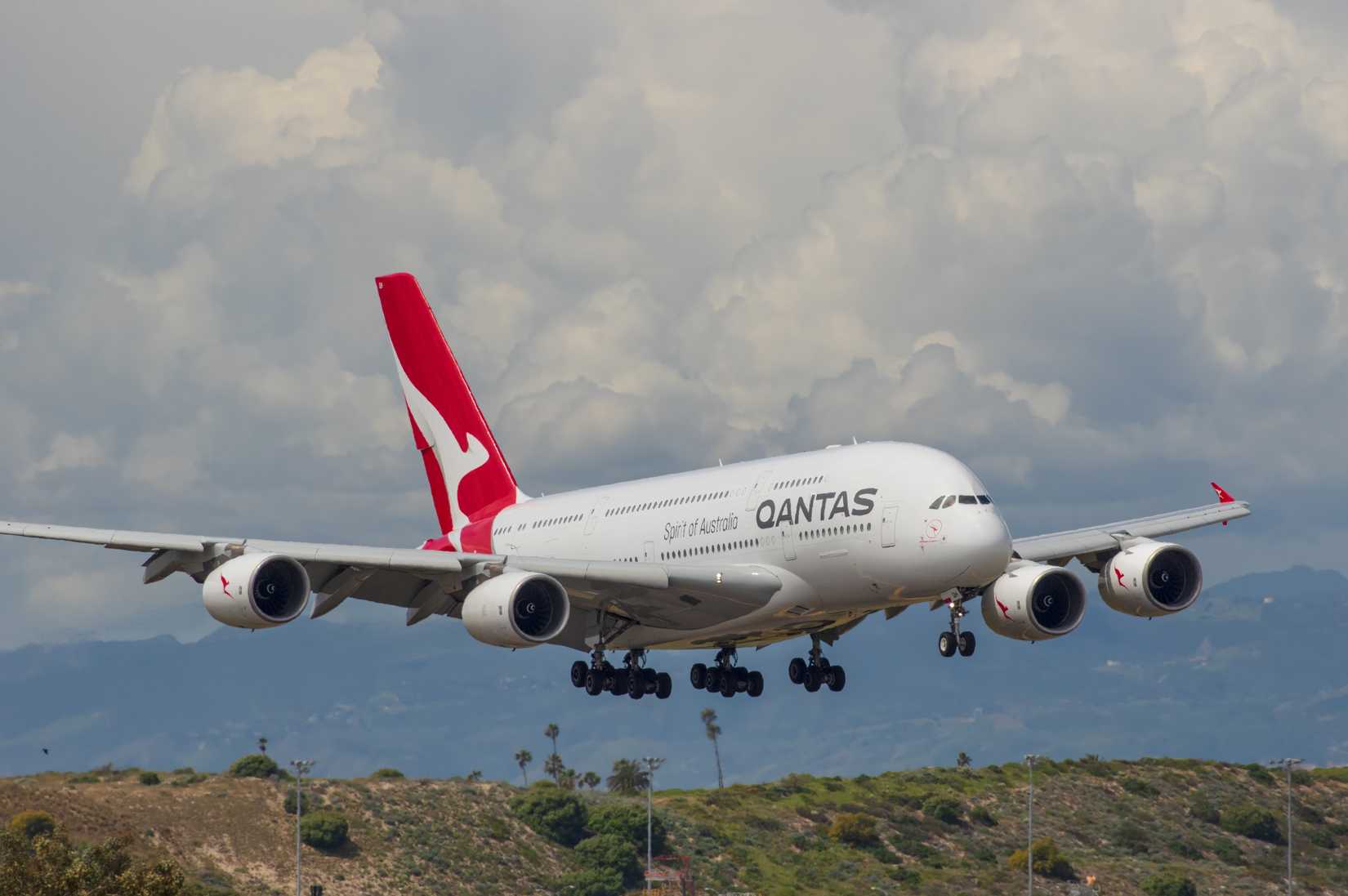 Los Angeles, California, United States - March 31, 2024: Qantas, Airways Airbus A380 aircraft shown approaching LAX, Los Angeles International Airport for landing.