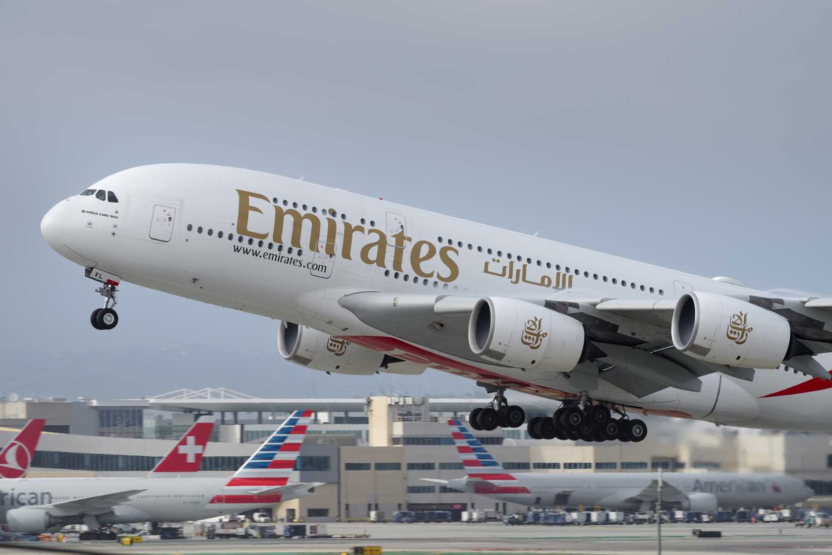 Close up of Emirates Airbus A380-800 taking off from Los Angeles International Airport 