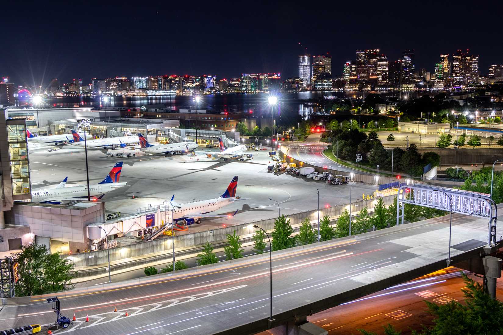 Aerial view of Delta Air Lines Aircraft parked at Terminal A gates at Boston Logan International Airport