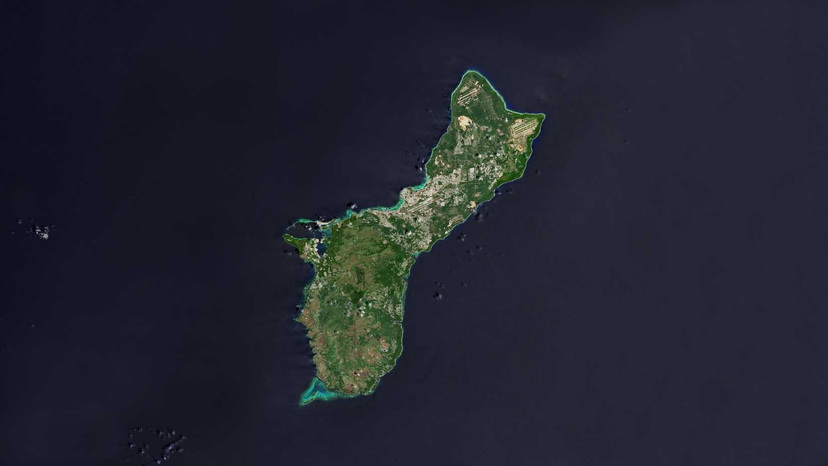 Guam Island in the Philippine Sea on a satellite image taken in March 21, 2021