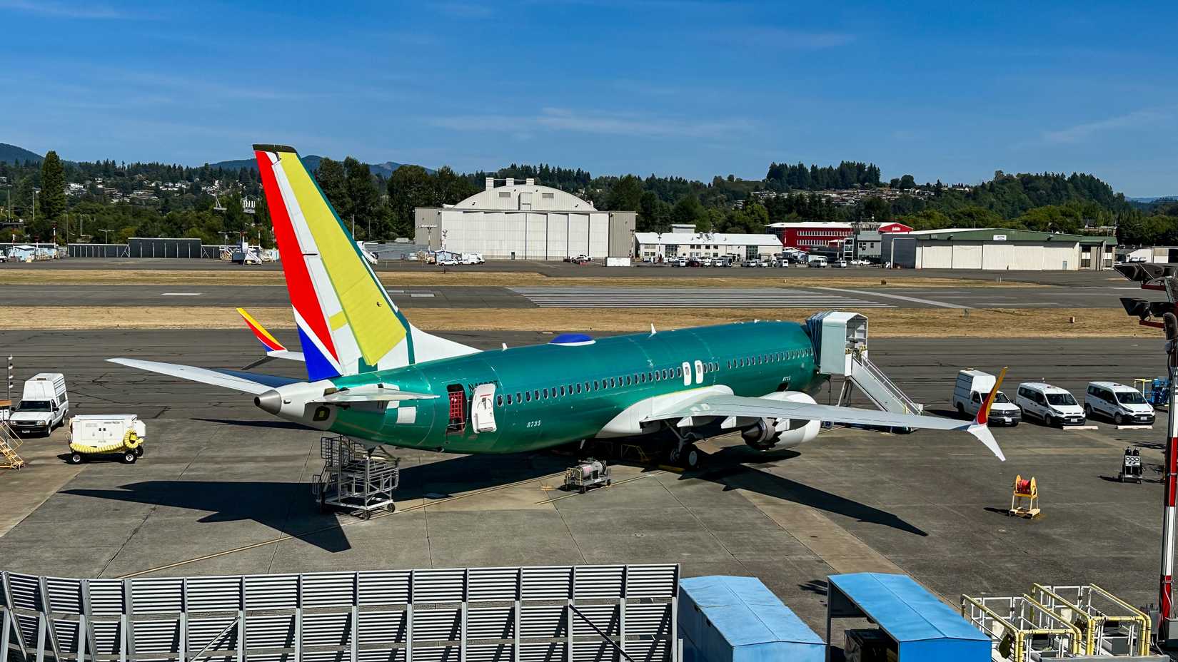 Renton, WA, US - Aug 12, 2023: Partially painted Southwest 737-MAX at Boeing production plant