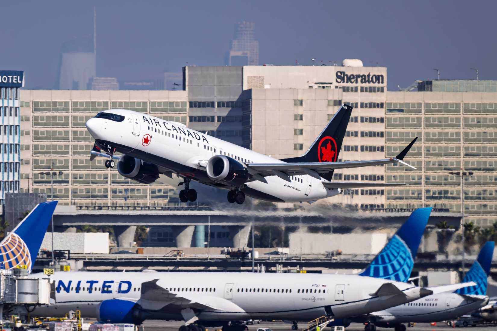 Los Angeles Intl. Airport 1-18-2025 Inglewood, CA USA  Air Canada Boeing 737-Max8 C-FSDQ departure from 25R at Los Angeles International Airport