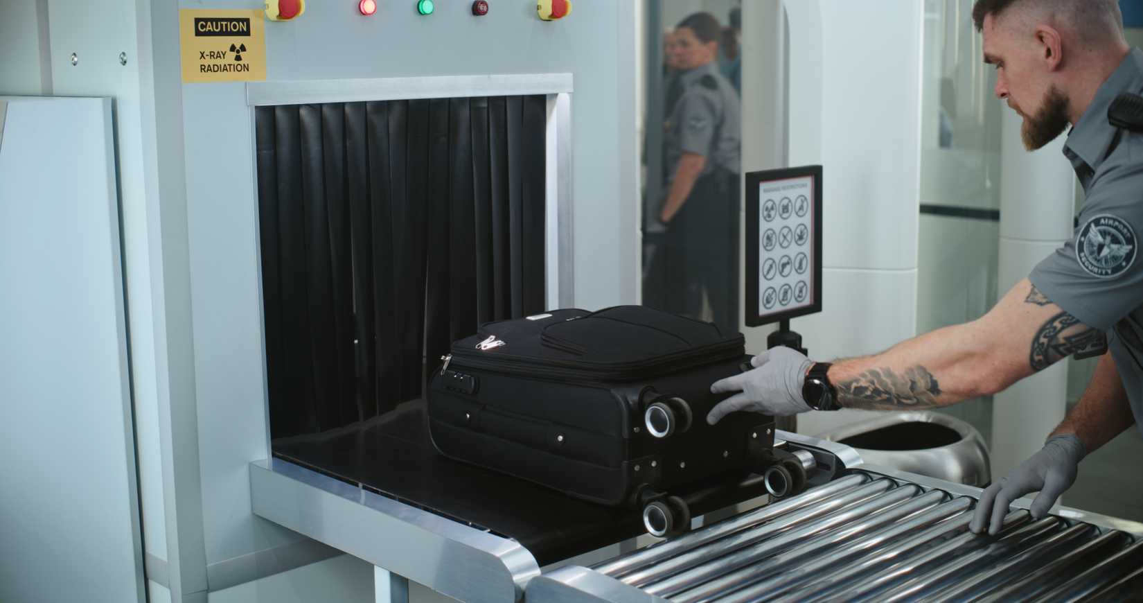 TSA Worker putting Baggage and Personal Items in Trays on Conveyor Belt with X-ray Metal Detector