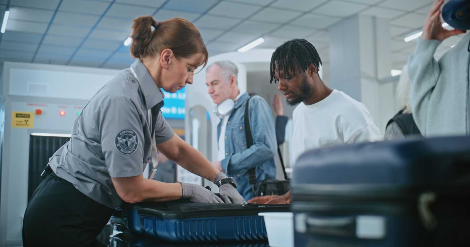 Female TSA worker inspecting passenger baggage