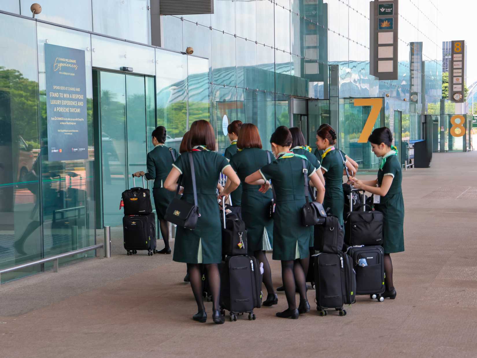 EVA Airways crew waiting outside Changi airport