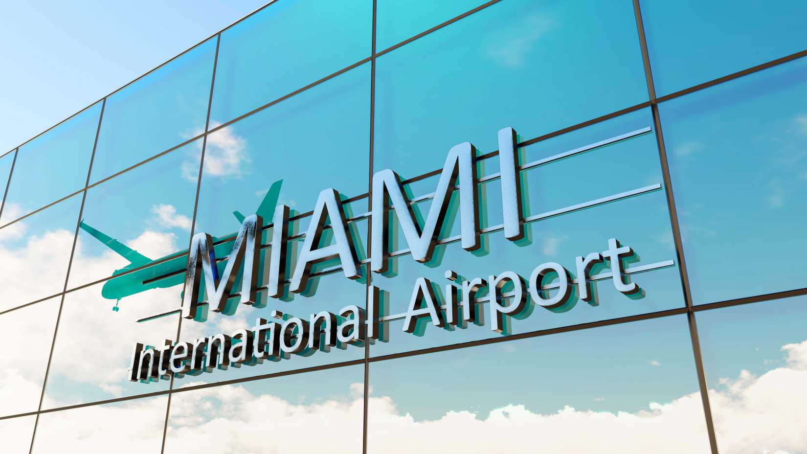 Miami international airport. Plane landing at Miami. Arrival in the city with the glass airport terminal and reflection of the jet aircraft. Travel, business, tourism and transport. 3d rendering