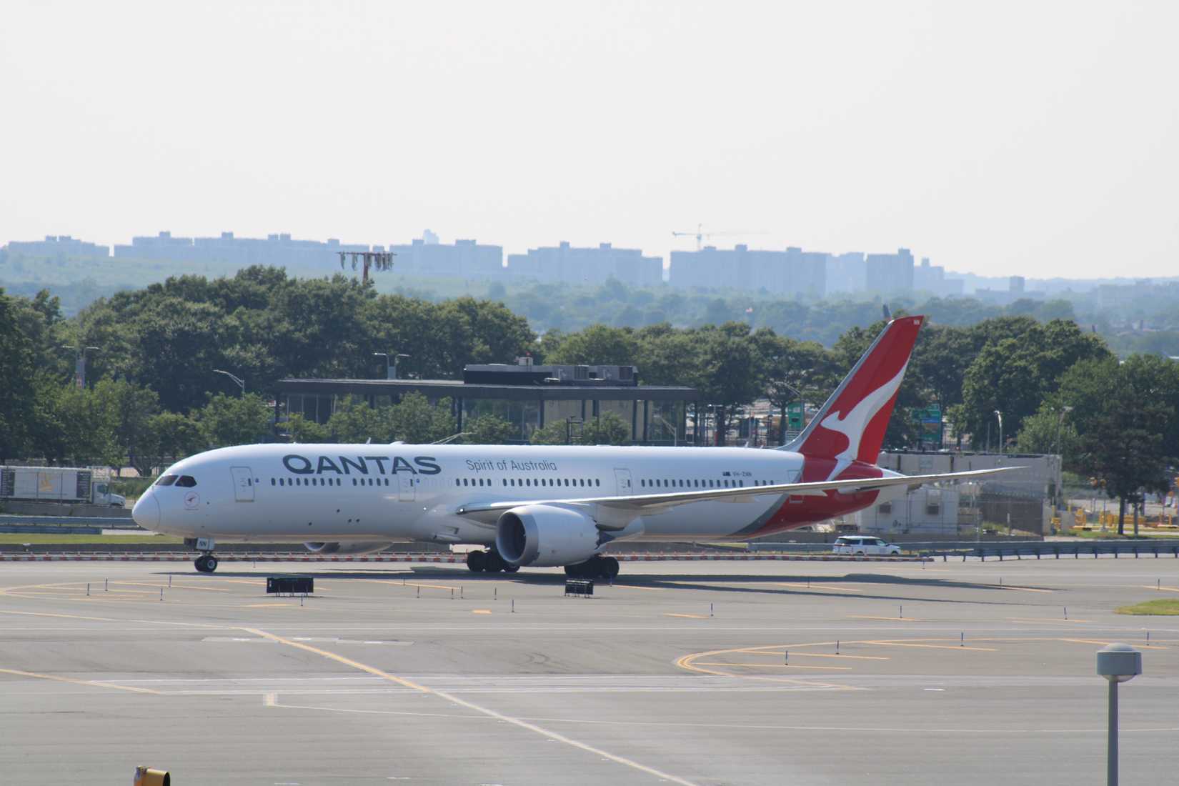 New York, USA - 25th July, 2024: Qantas Airways Boeing 787-9 operates flight between New York John F Kennedy (JFK) International Airport to Sydney Australia Airport.