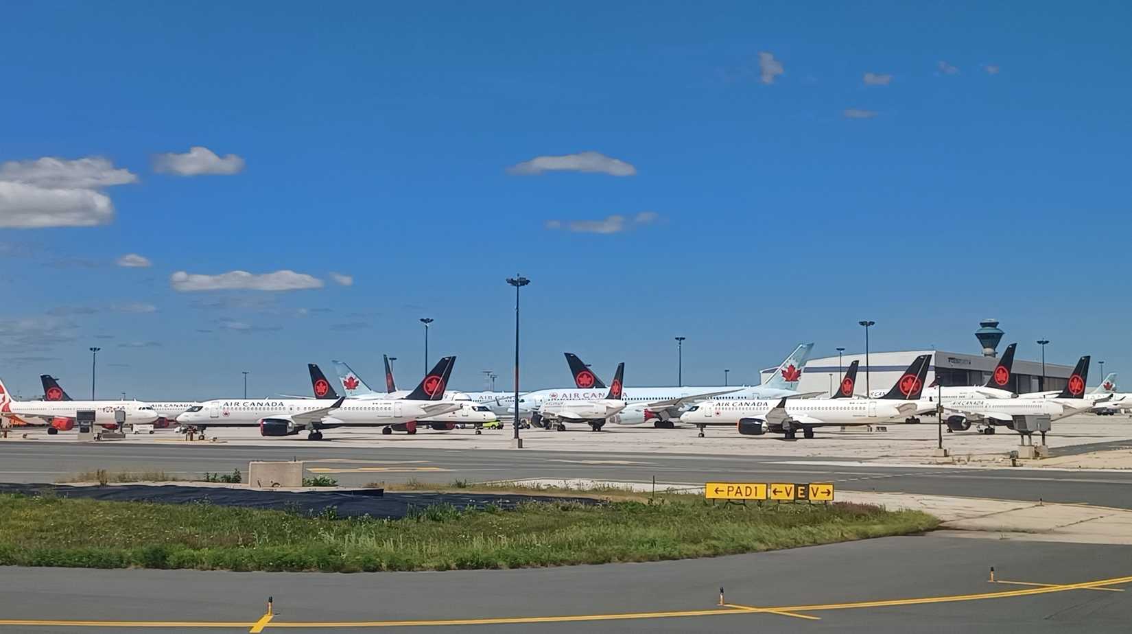 Toronto, ON, Canada - August 19, 2025: Several Air Canada airplanes stand on the tarmac at Pearson International Airport