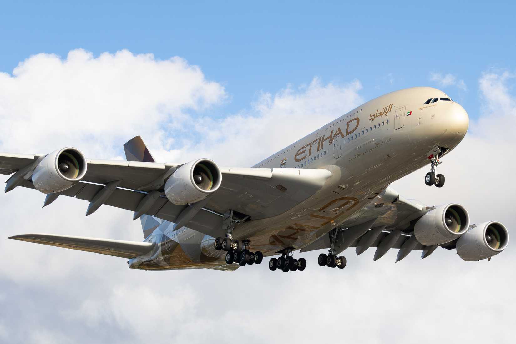 London Heathrow, London, UK. 04-08-2025. EGLL. Etihad Airways Airbus A380. 