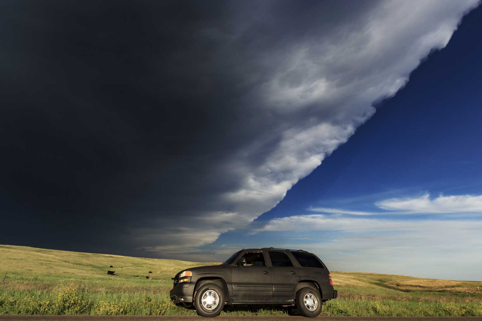 Bison, South Dakota, USA June 20, 2015: A Storm Front Approaches a Storm Chasing Vehicle