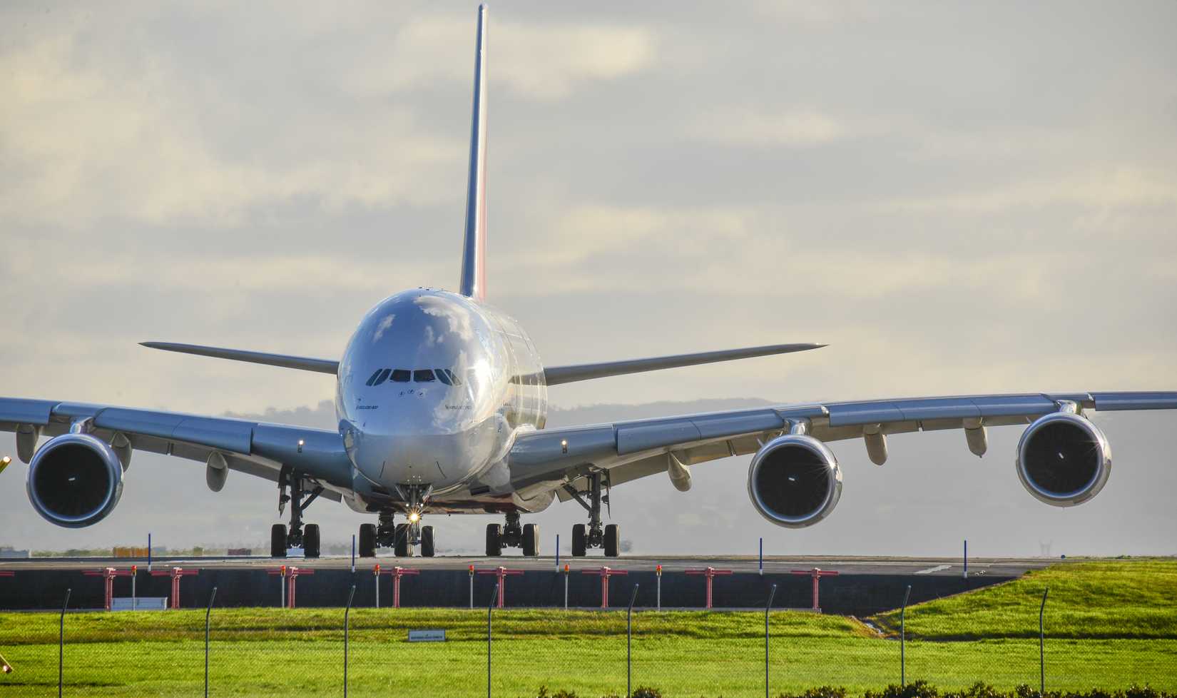 Emirates Airbus A380 taxiing photographed from the front