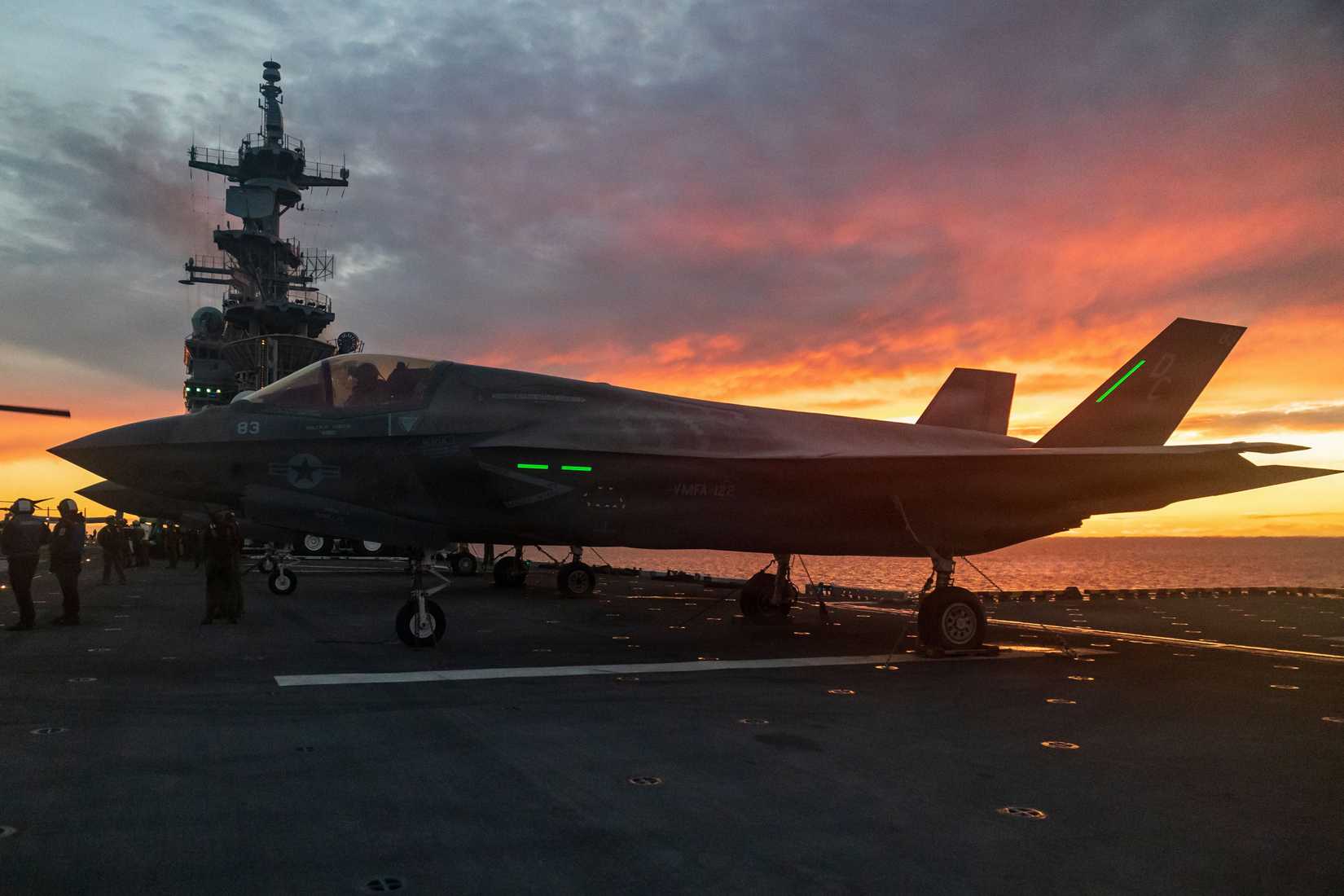 F-35B Lightning II USMC of Marine Fighter Attack Squadron (VMFA) 12 on the USS Boxer deck.