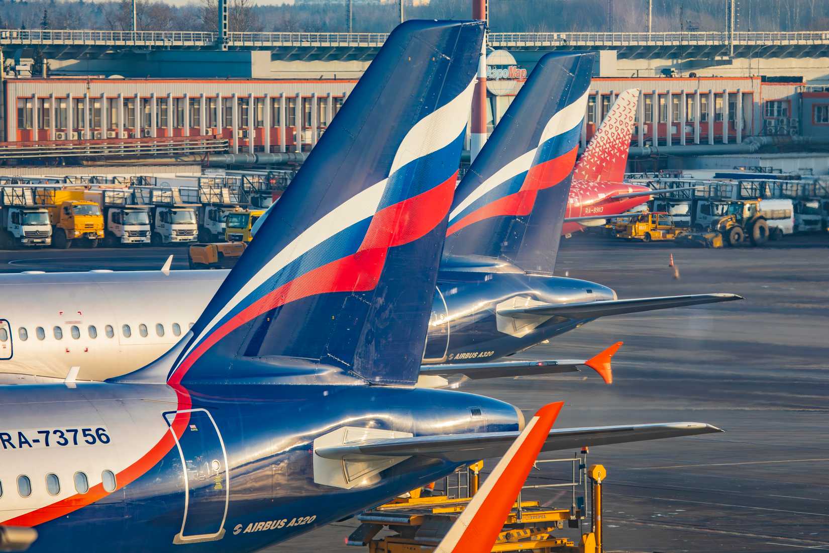 Aeroflot passenger planes on the apron of a Russian airport