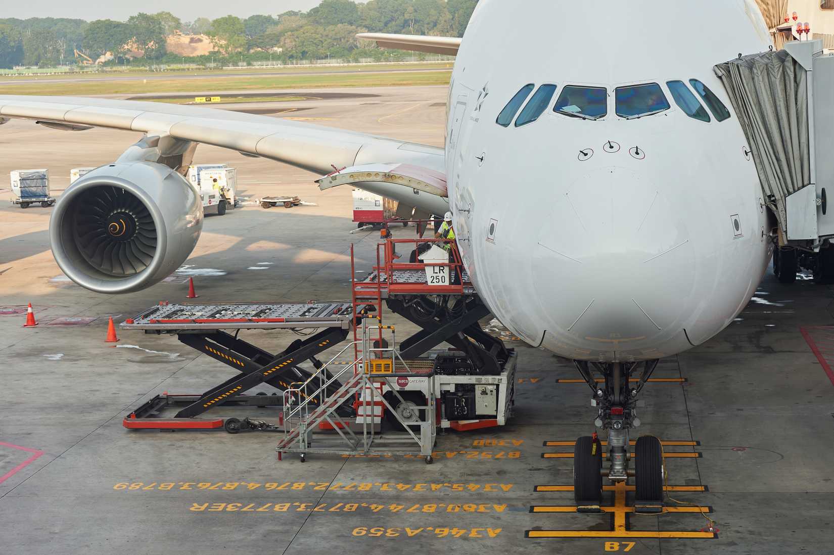 Singapore Airlines A380-800 at gate at Singapore SORBIS