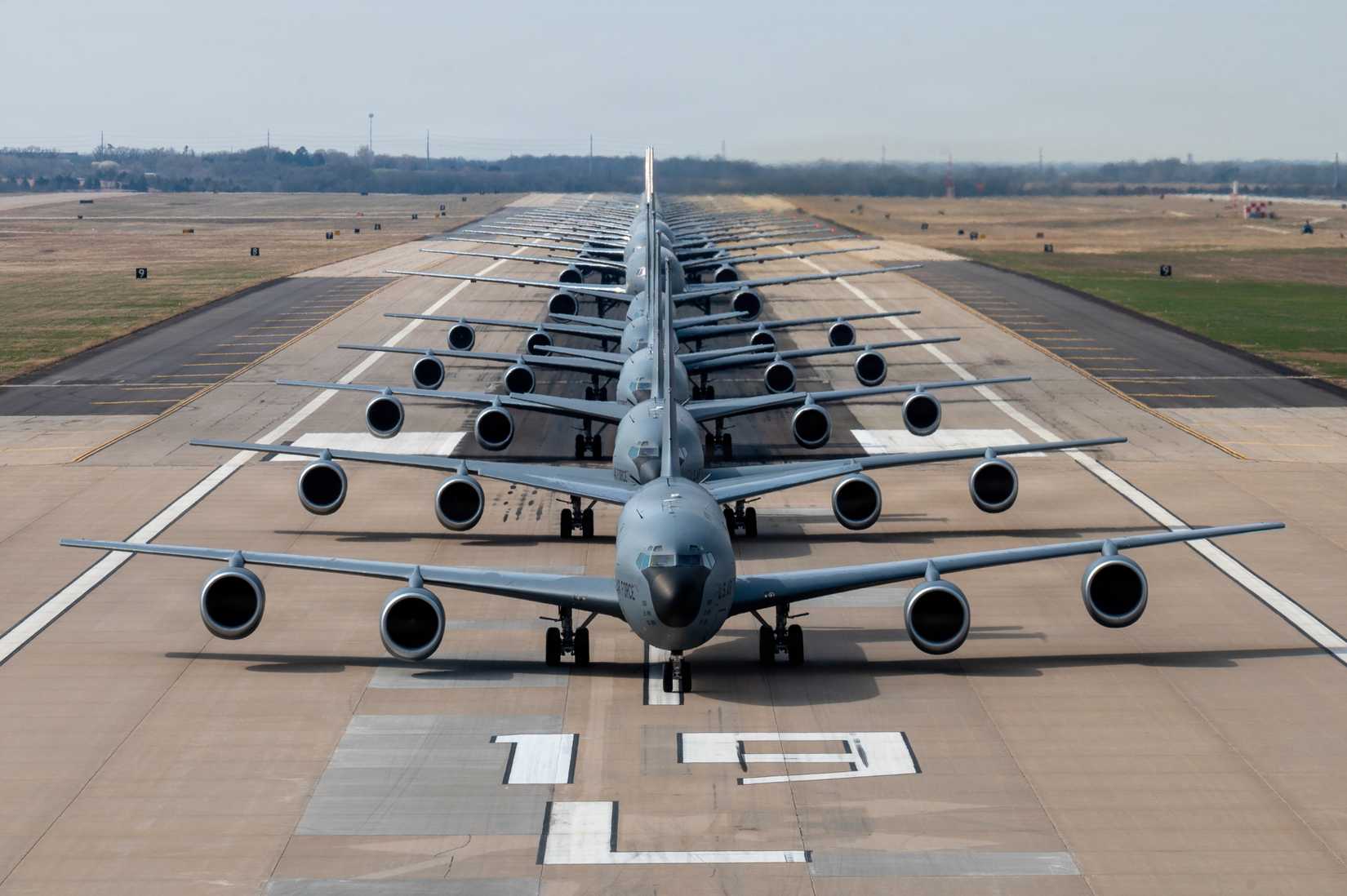 Sixteen KC-46A Pegasus and five KC-135 Stratotankers