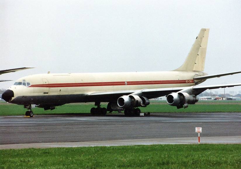 Trans Air Cargo DC-8 tail number 9Q-CVH parked for service.