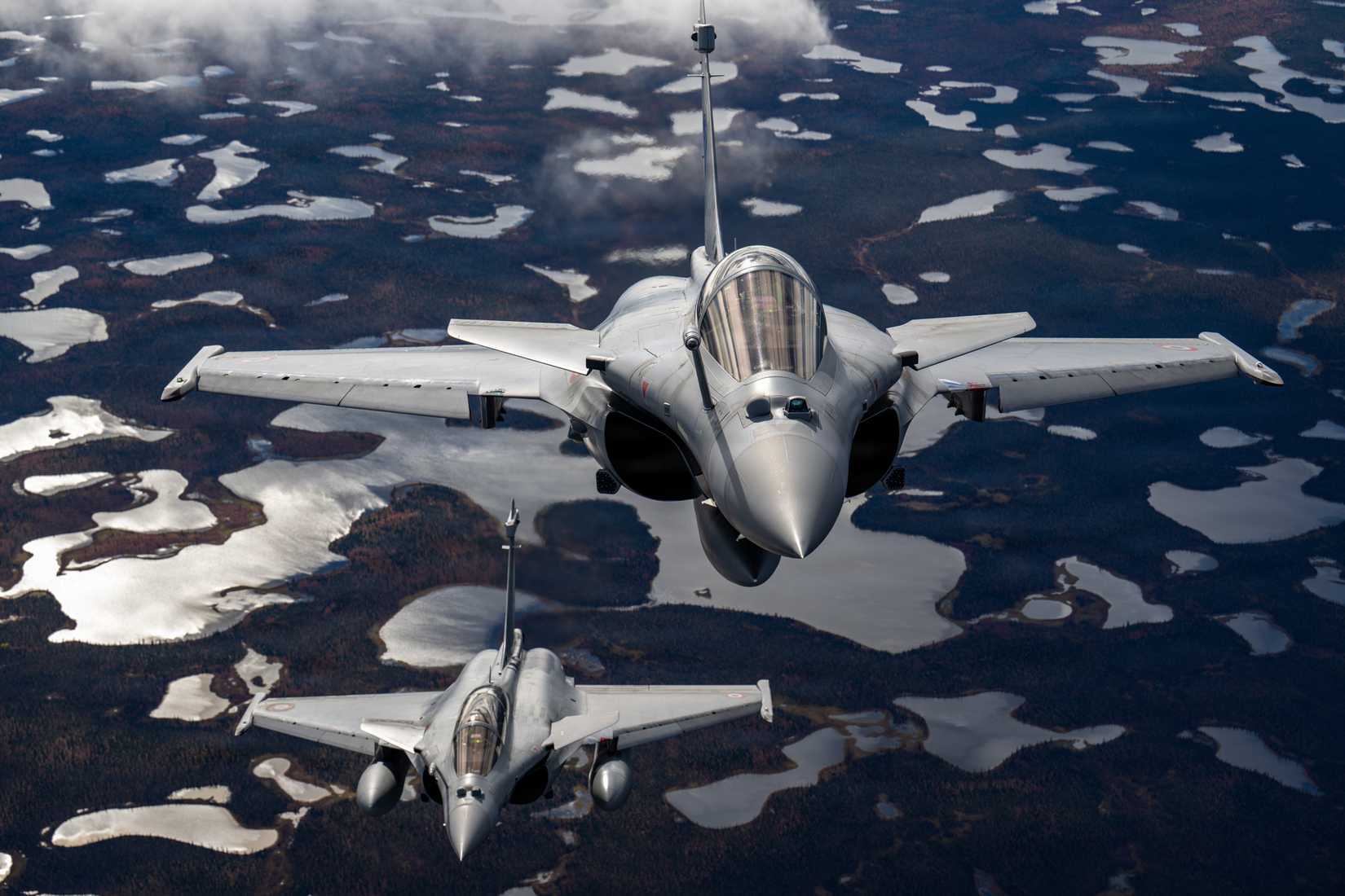 Two French Air and Space Force Dassault Rafale F4 participate in a PEGASE 26 mission near Eielson Air Force Base, Alaska, Sept. 10, 2026.