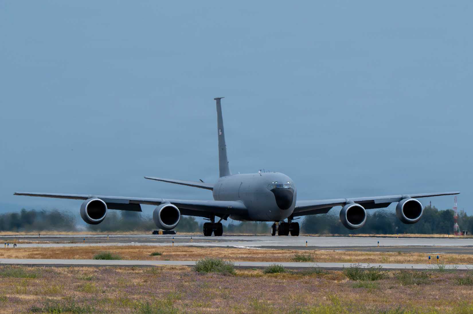U.S Air Force KC-135 Stratotanker assigned to the 92nd Air Refueling Wing taxis down the runway during exercise Titan Fury 26-6 at Fairchild Air Force Base, Washington