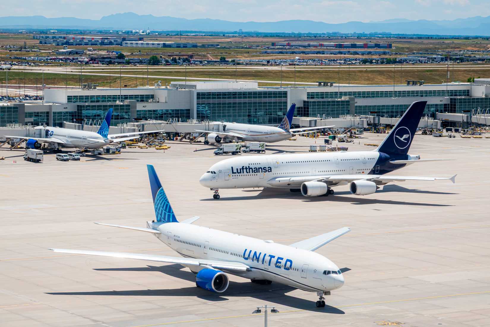 United 777 and Lufthansa A380 taxi at DEN