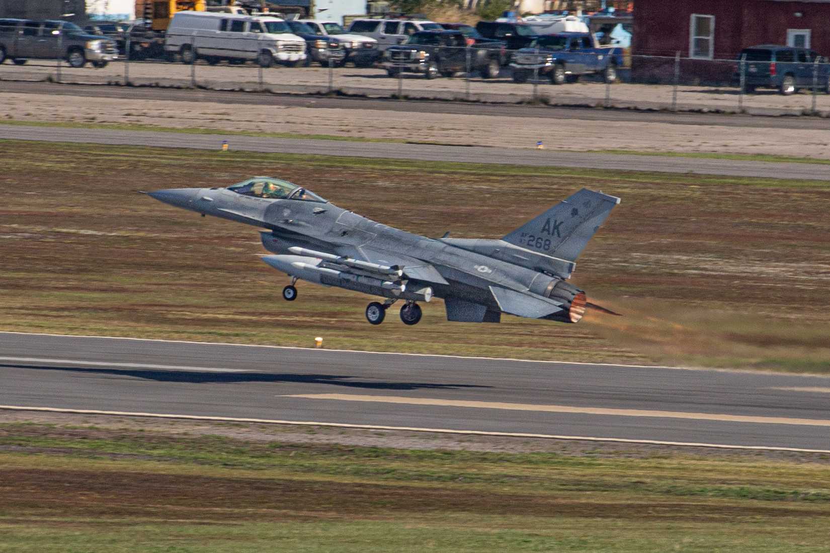 United States Air Force F-16 Fighting Falcon fighter jet departs 5 Wing Goose Bay during Operation AUROR VALOR 26