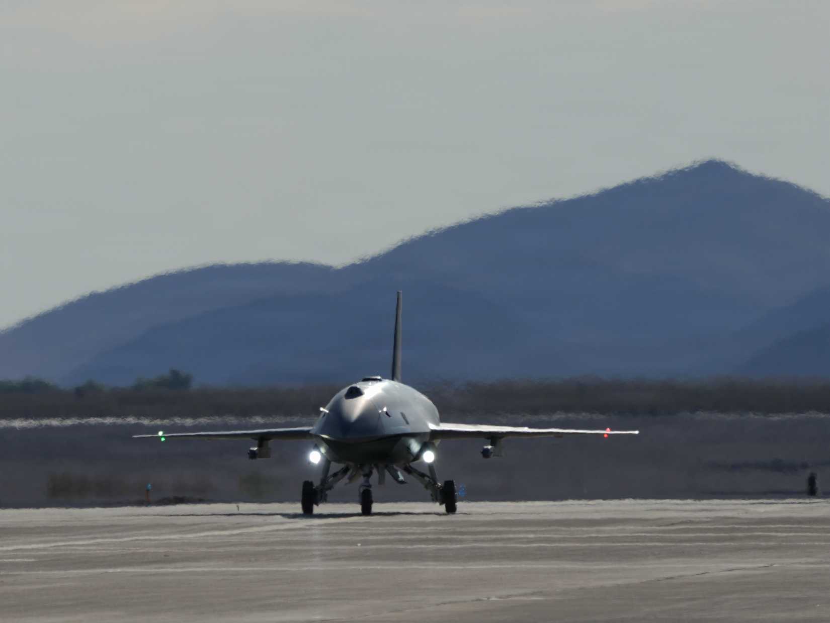 YFQ-44A Fury aircraft assigned to the Collaborative Combat Aircraft Experimental Operations Unit taxis after landing at Creech Air Force Base
