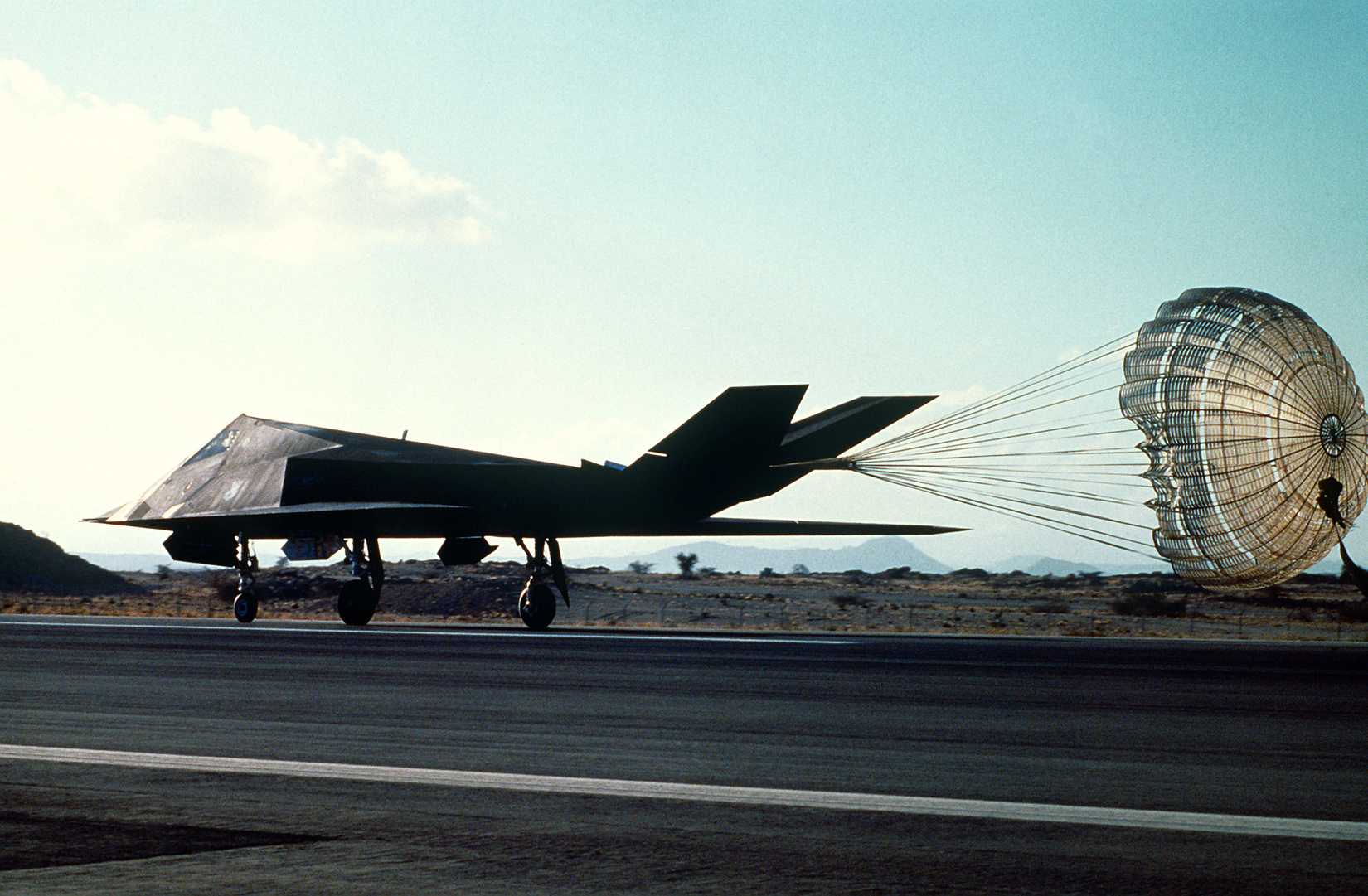 A 37th Tactical Fighter Wing F-117 stealth fighter aircraft lands during Operation Desert Storm.