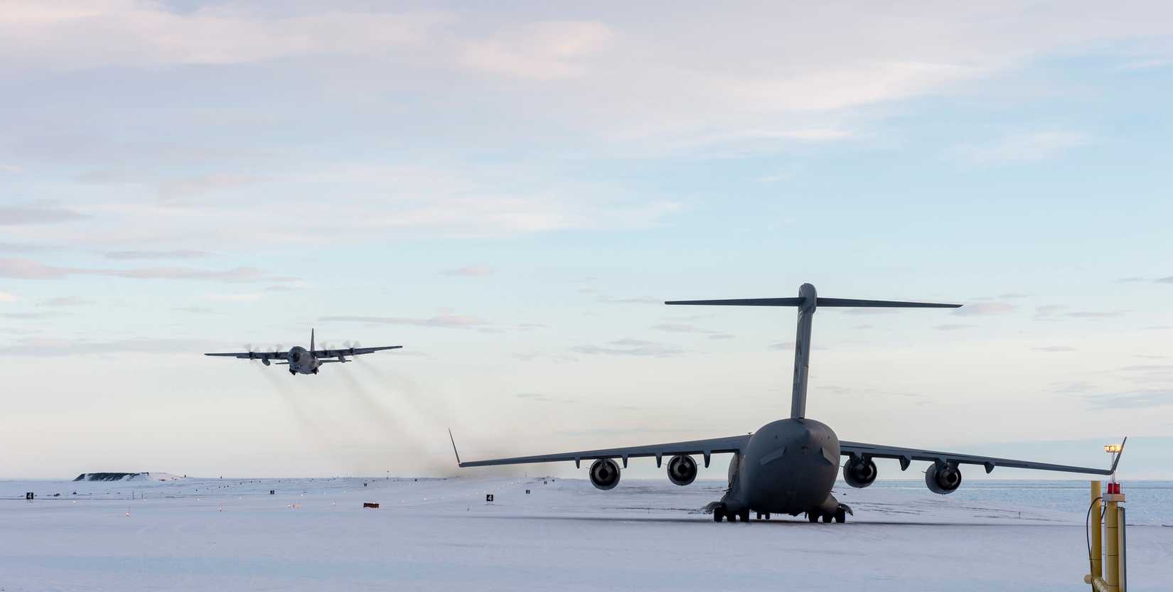 A C-130 flown by Airmen from the New York Air National Guard's 109th Airlift Wing takes off from Canadian Forces Station Alert on Ellsmere Island, Nunavut